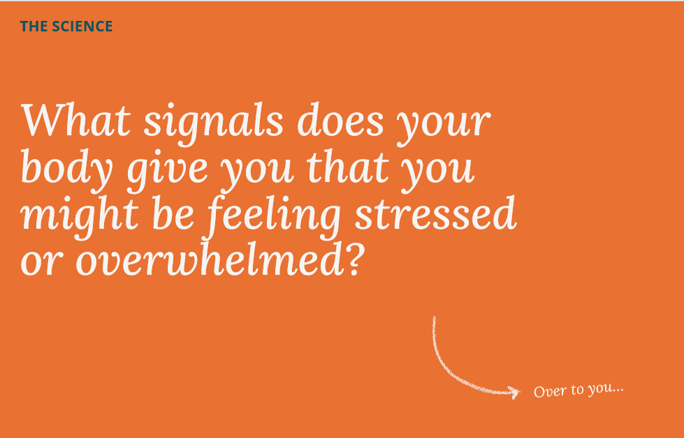 The Science: visual prompt asking what signals your body gives when stressed or overwhelmed