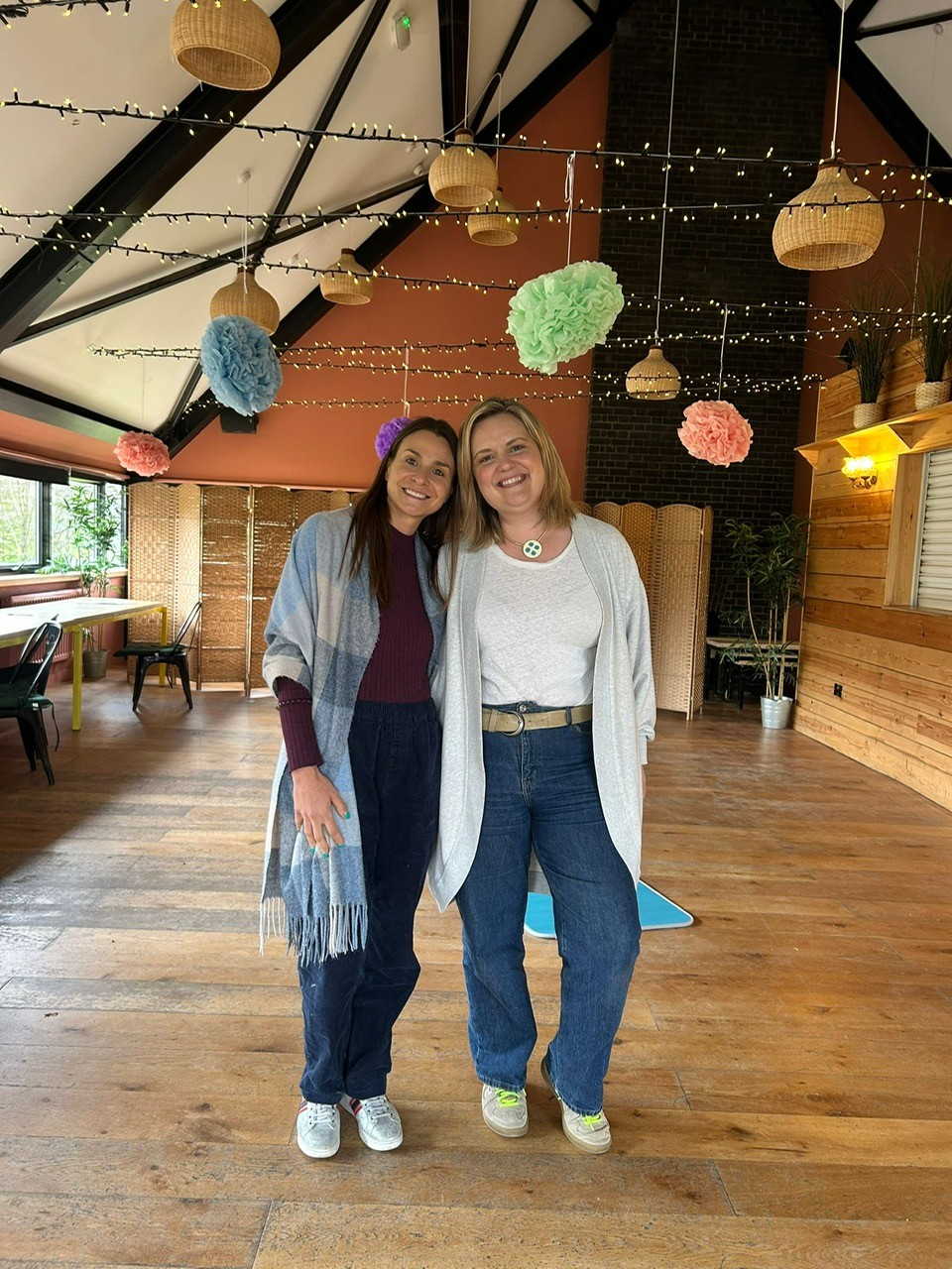 Inside the retreat venue with fairy lights and decorations