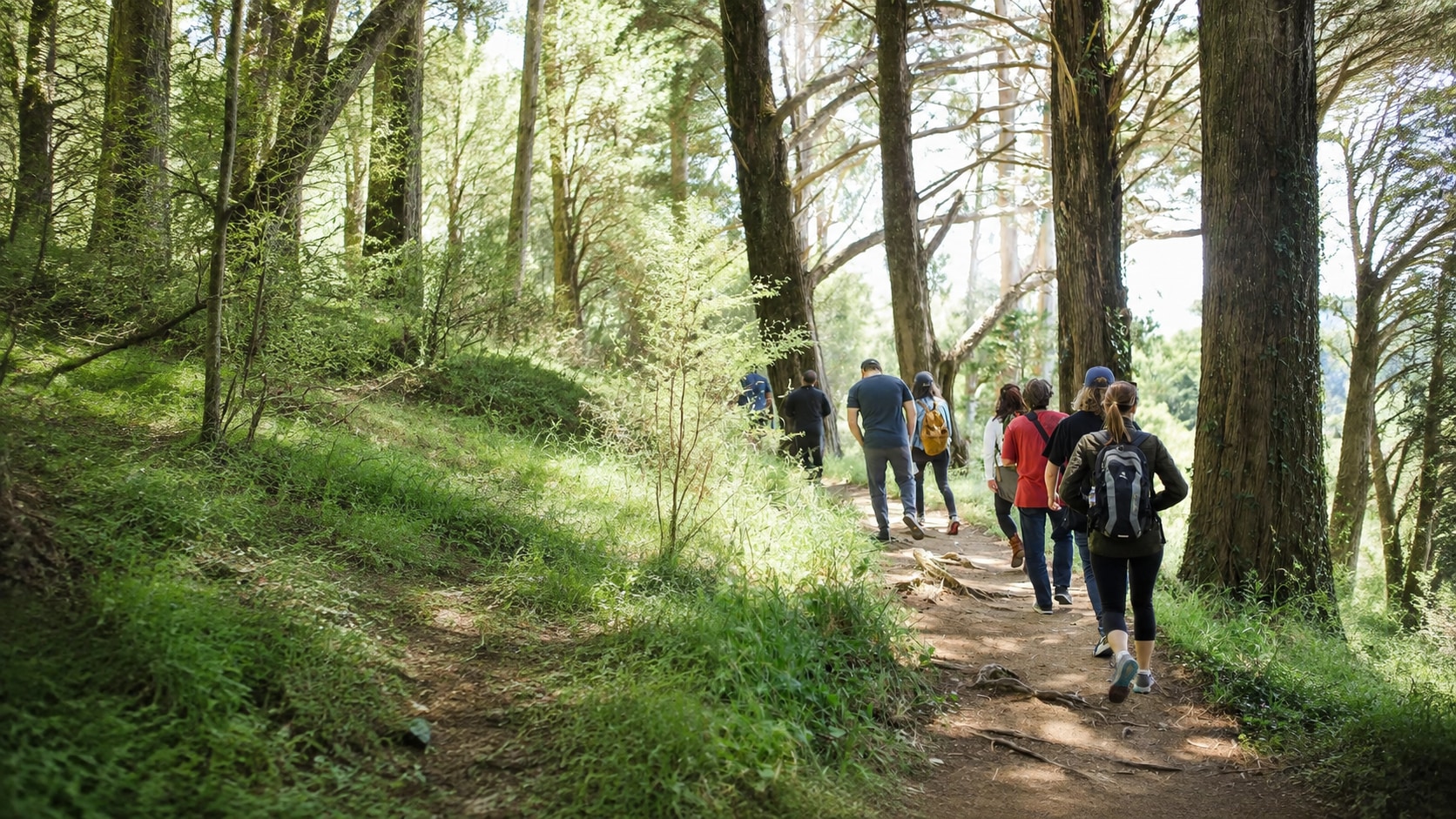 A group walking together along a sunlit woodland trail