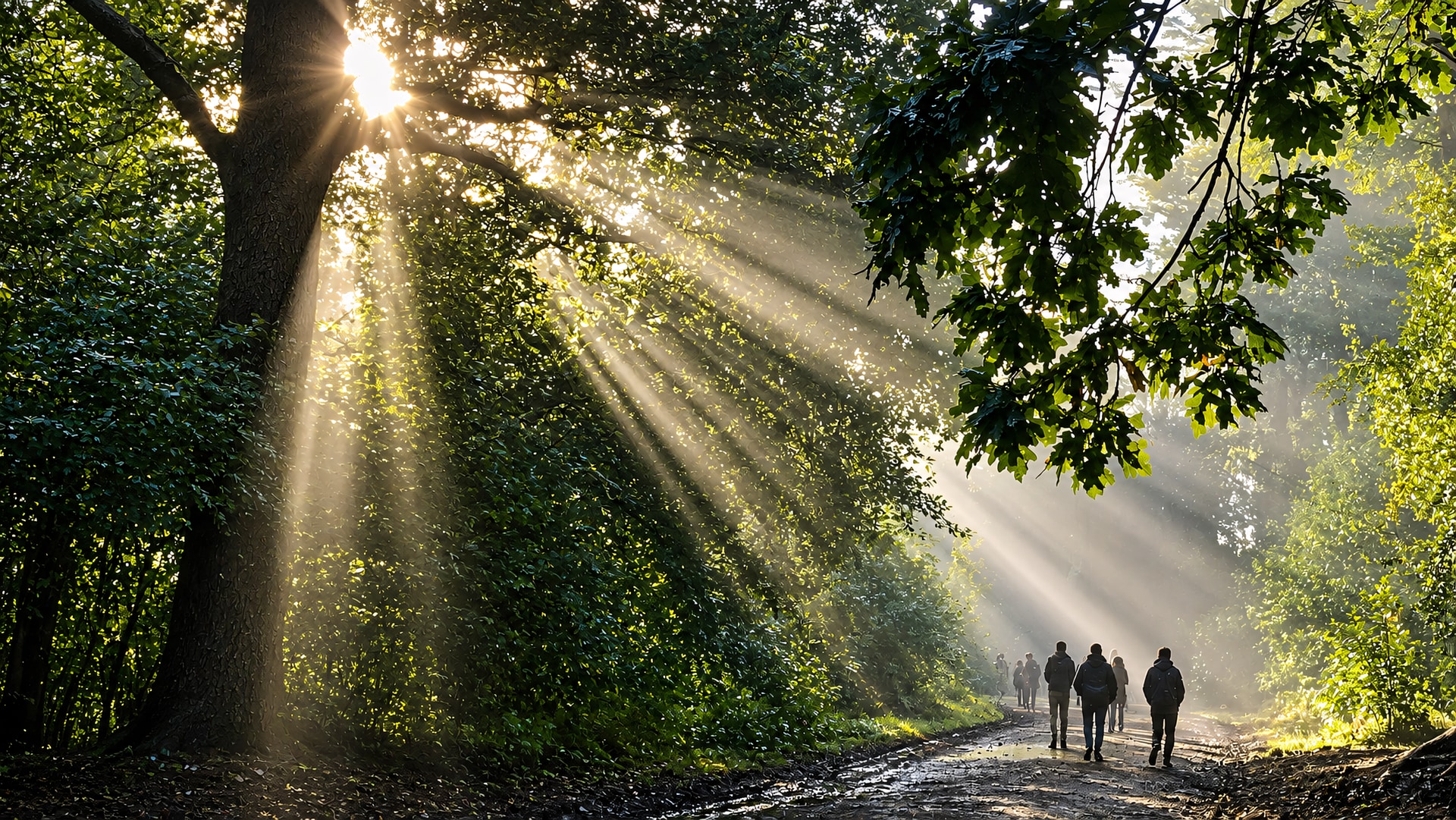 A forest path with morning sun rays shining through the trees